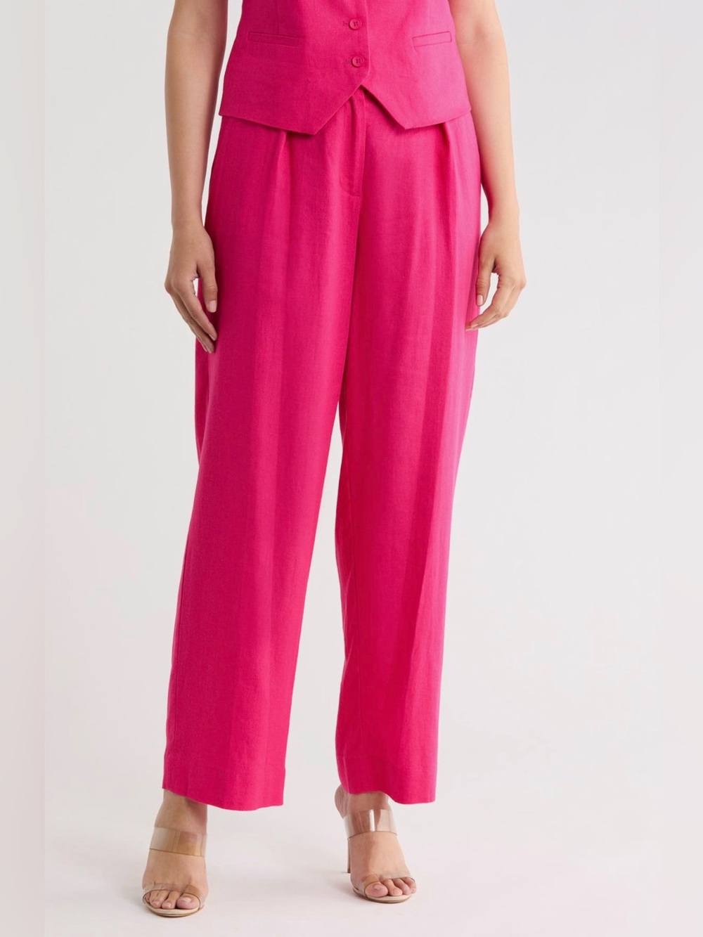 DKNY Pleated Linen Drawstring Hot Pink Wide-Leg High-Rise Pants